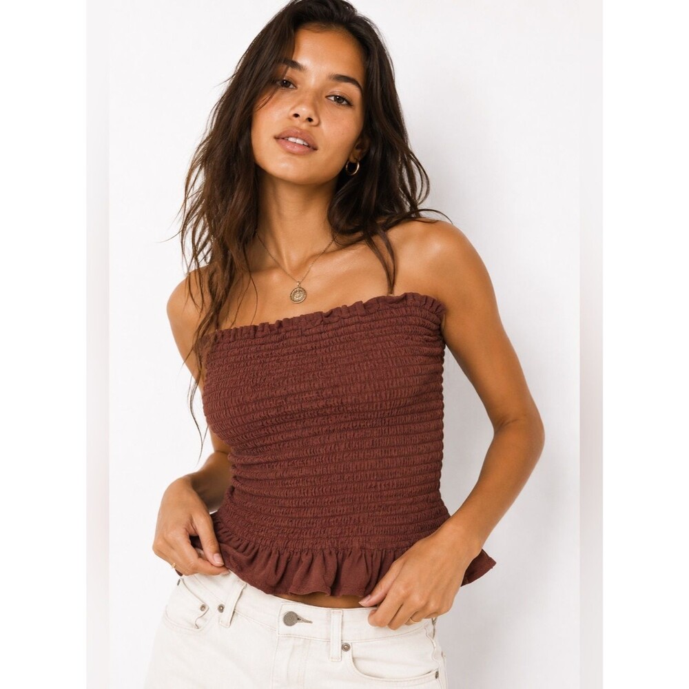 Abercrombie & Fitch Brown Smocked Tube Top Coquette Boho Indie Gypsy Ruffle M